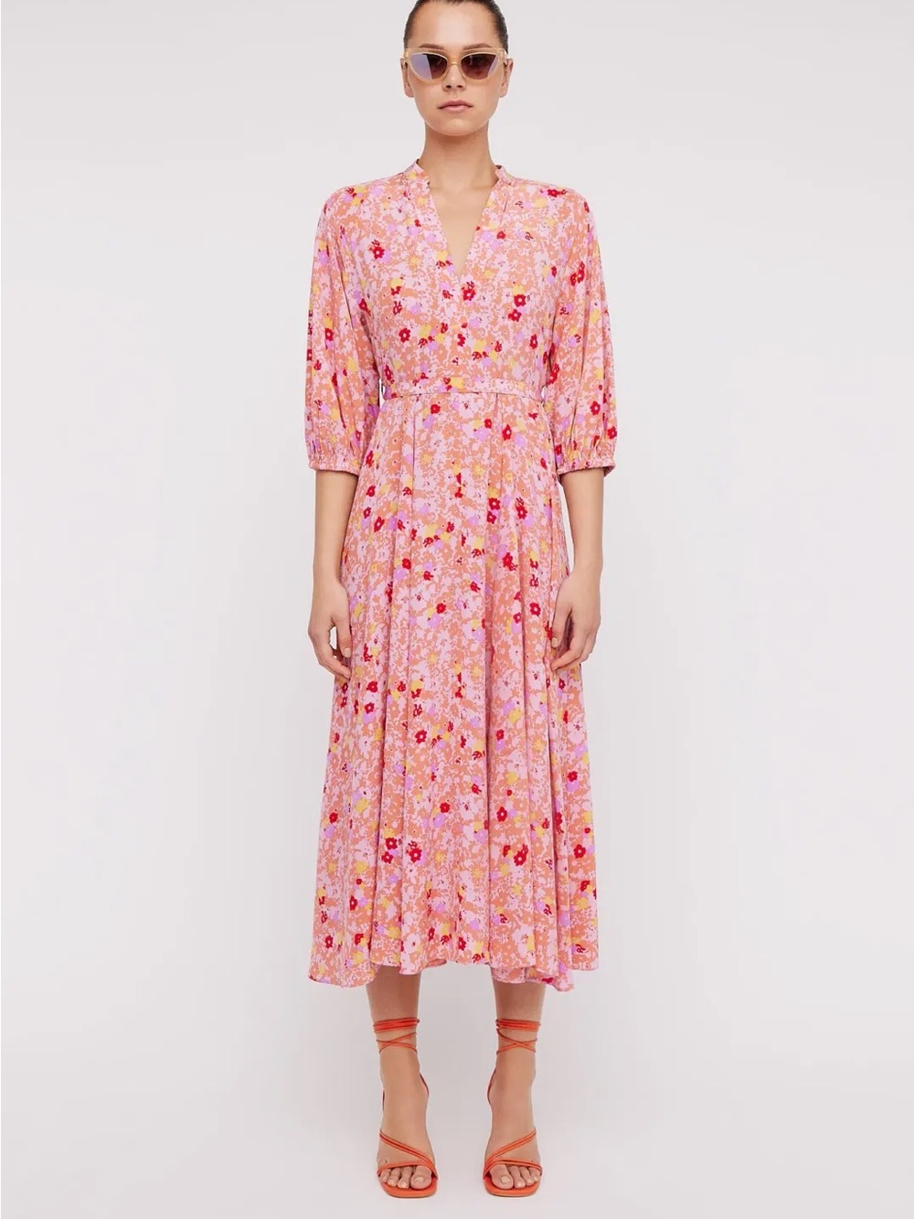 Scanlan Theodore Pink Floral V-Neck Midi Dress with Red Accents